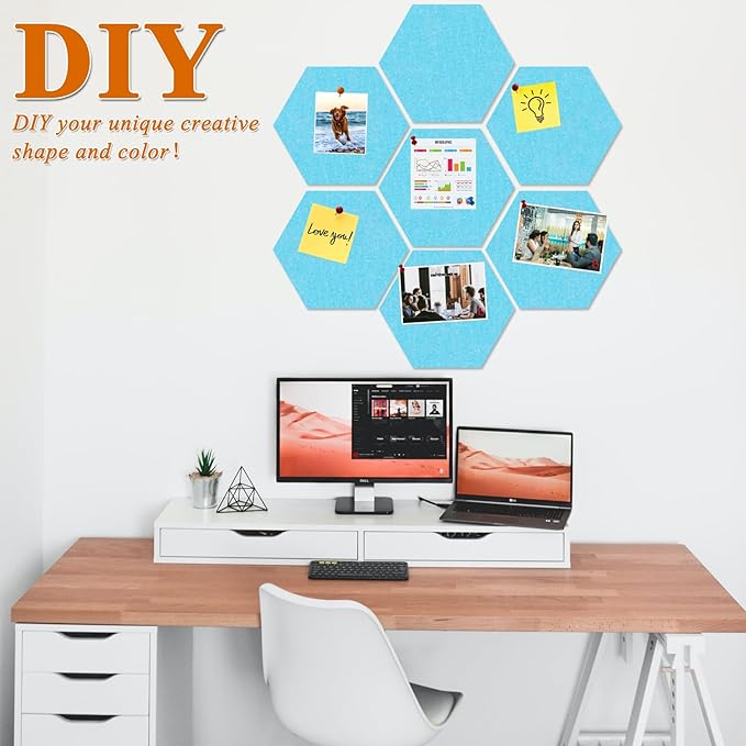 Large Hexagon Felt Cork Board Tiles, Self Adhesive DIY Felt Bulletin Board Pin Board with 35 Pushpins for Office School Home Wall Decor Stickers Memos Photos Display(Sky Blue)