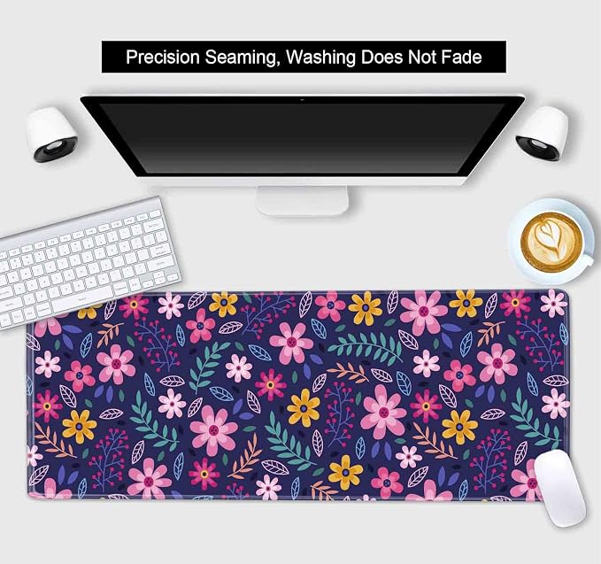 Purple Pink Flowers Desk Mat, Daisy Floral Extended Large Gaming Mouse Pad, Non Slip Rubber Base Stitched Edge Desktop Desk Pad for Computer, Christmas and Thanksgiving Gifts, 31.5 x 11.8 in