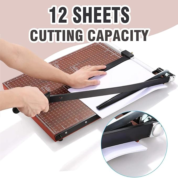 18" Guillotine Paper Cutter, 12-Sheet Precision Trimmer with Safety Lock | Heavy Duty Professional Metal Base, Magnetic Alignment for A2-A7 Cardstock, Large Office School Home Desktop Cutting Tool