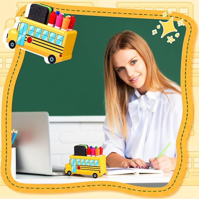 Yookeer 2 Pcs School Bus Magnetic Marker Holder for Classroom Whiteboard | Reusable Magnetic School Locker Organizer Decor, Wood Magnet Dry Erase Pen Holder, for Classroom Office Organizer Accessories