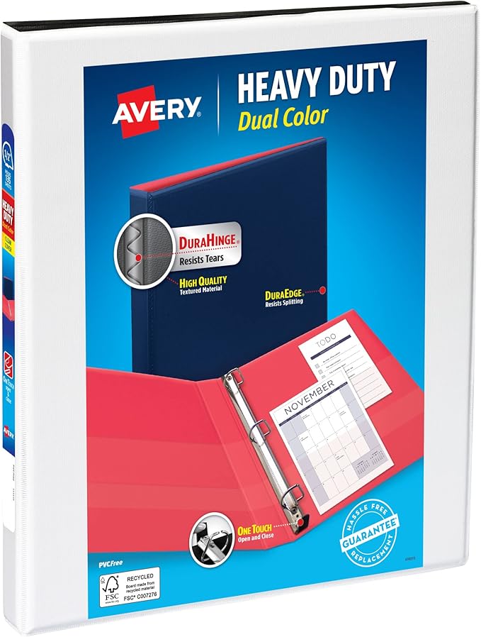 Avery Heavy-Duty Dual Color 3 Ring Binder, 1/2 Inch Slant Rings, White/Black View Binder (17880)