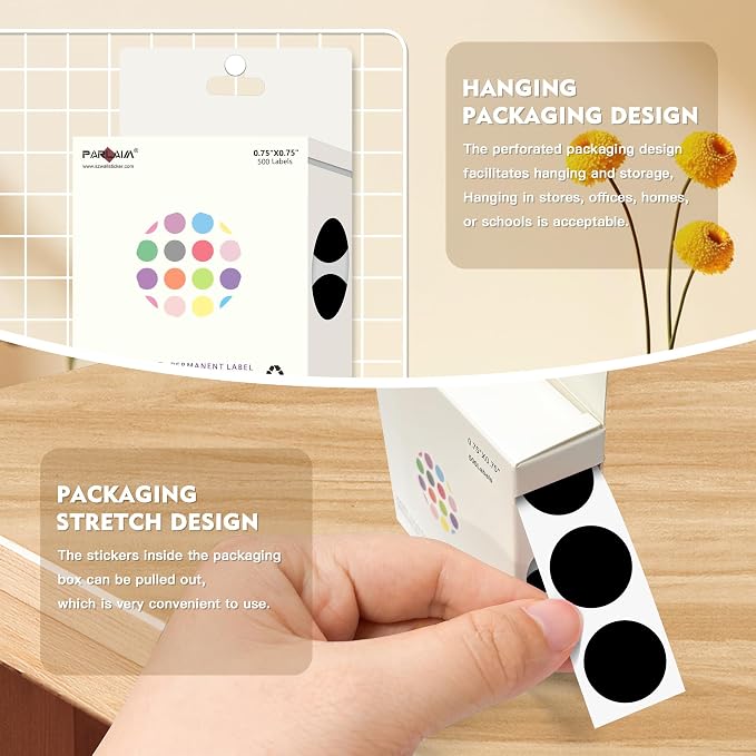 PARLAIM 3/4 Inch Color Coding Label Stickers,500PCS Circle Inventory Sticky Dots Sticker in Dispenser Box,Black Adhesive Round Dot Labels for Office Home