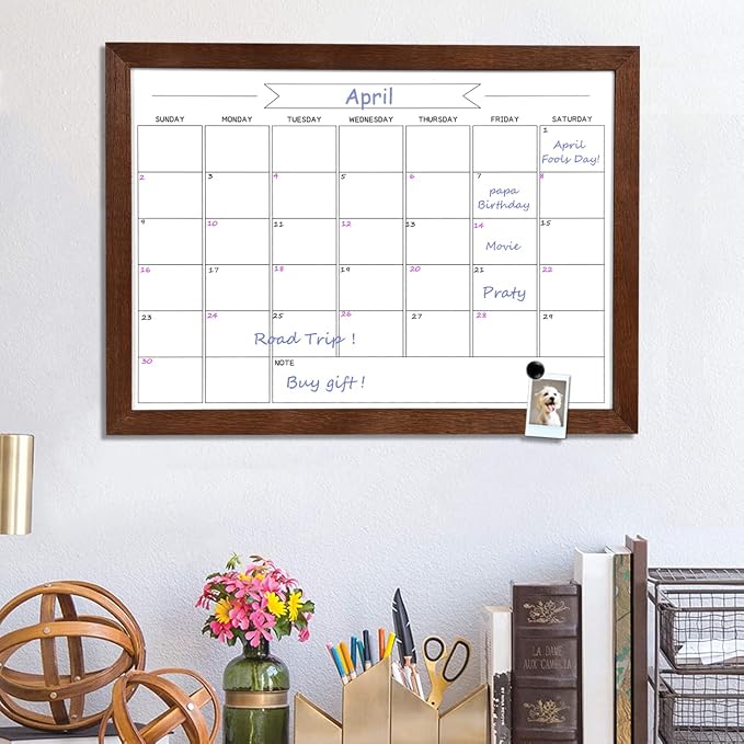 Dry Erase Monthly Calendar Whiteboard, Magnetic White Board for Wall,Brown | Small 10.6"x 14.6",Hanging Board for Office, Home School, Solid Pine Wood Black Framed Message Board