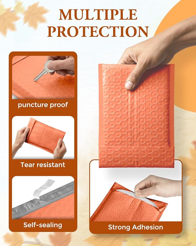 GSSUSA Orange Bubble Mailers 4x8 100 Pack, Self Seal Padded Envelopes | Usable Size 4x7, Waterproof, Opaque, #000, Colorful Mailing Bags For Cards, Jewelry, Gifts, Crafts, Small Businesses