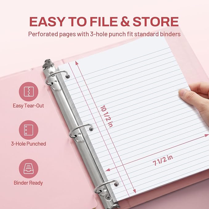 SUNEE Spiral Notebook, 1-Subject, Wide Ruled Paper, 8" x 10-1/2", 100 Sheets per Notebook, 3-Hole Punched Paper, Water Resistant Cover, Double-sided Pockets, Spiral Lined Notebooks for School, Pink