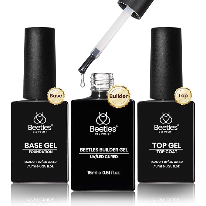 Beetles Builder Gel with Base & Top Coat Gel,3 Pcs Clear Builder Nail Gel,for Nail Strengthening Building Apex Extension for Beginner DIY Salon at Home,UV & LED Lamp Needed