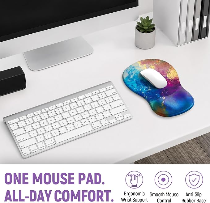 Ergonomic Mouse Pad with Wrist Rest, Gel Wrist Support, Gold Splash | 10.2 x 7.6 in Mouse Pad with Smooth Fabric Surface and Non-Slip Rubber Base for Office, Home, Study, and Gaming