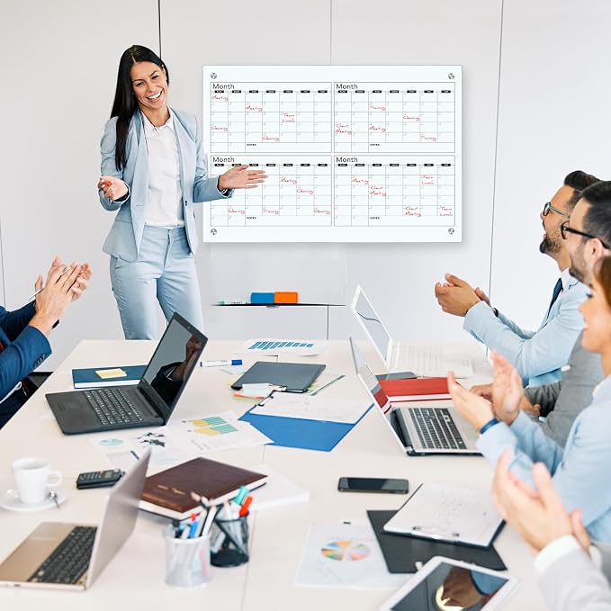 Glass Whiteboard Calendar 36 x 24 4 Month Dry Erase Calendar White Board Planner Glass Large Wall Mounted with Marker Tray for Wall Home Office
