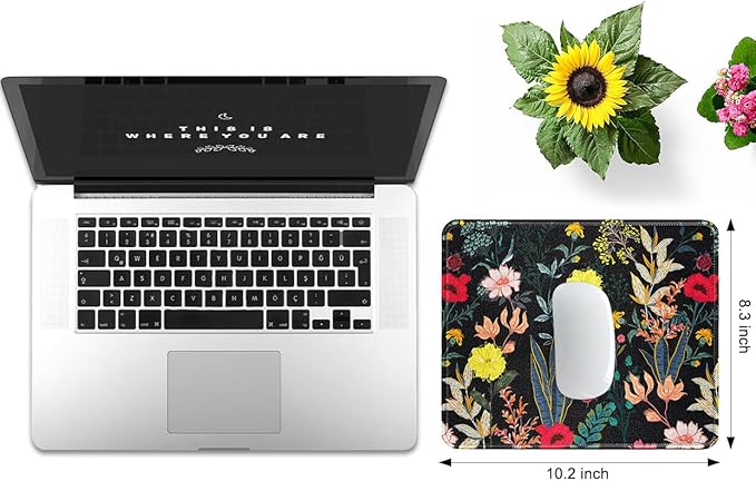 JIKIOU Mouse Pad with Non-Slip Rubber Base, Premium-Textured & Washable Computer Mousepad with Stitched Edges, Mouse Pads for Computers, Laptop, Gaming, Office & Home,10.2x8.3in Black Flowers