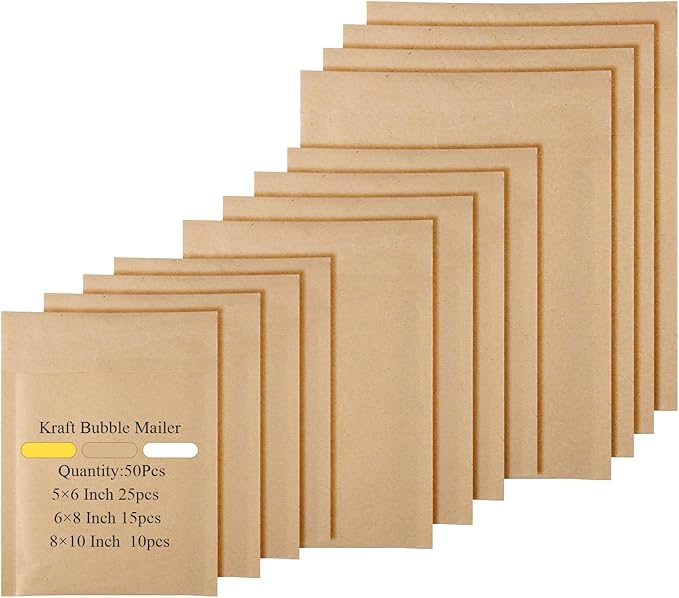 50 Pcs Kraft Bubble Mailers 3 Size Padded Envelopes Kraft Poly Mailers Bubble Lined Shipping Envelopes Mail Shipping Bags for CDs Book Business Supplies (Natural)