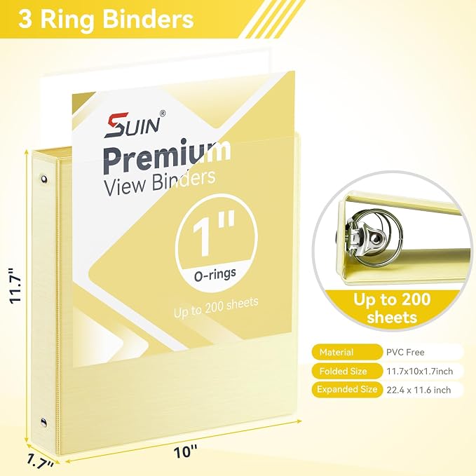 SUIN 1 Inch 3 Ring Binder, Clear 1'' View Presentation Binders with 2 Pockets, Fits 8.5 x 11 Letter Size, Durable Polypropylene, Non-Stick & PVC-Free for School, Office & Home (Brushed Yellow)