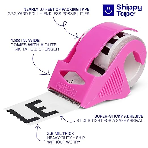 Fragile Packing Tape with Pink Dispenser – Please Be Gentle Minimal Cream & Black Design, 1.88" x 22.2 Yards – Packaging Tape for Moving Boxes, Small Business, and Mailers