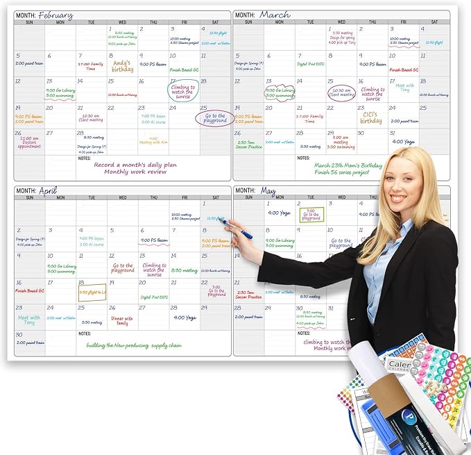 Extra Large Dry Erase Calendar for Wall, Giant 4 Month Calendars 46 x 63 in | Jumbo Huge Size Erasable laminated Four month Whiteboard,Oversized Blank Reusasble 120 Days Poster, Multi Months White Board