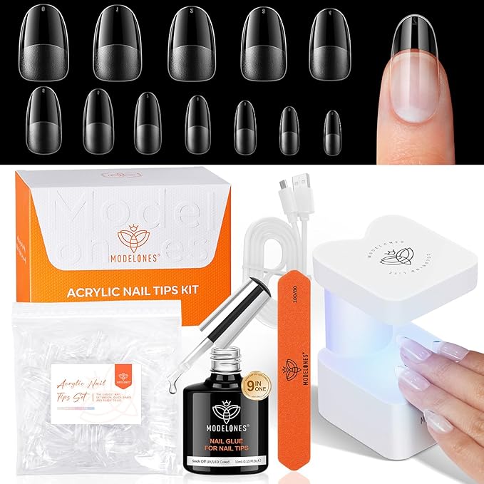 modelones X Nail Gel Kit Kit Medium Oval, 9-in-One Nail Glue with Portable U V Lamp 216Pcs 12Sizes Pre-Etched Round Press ons Fake Acrylic Extension Kit DIY Salon Gift for Women