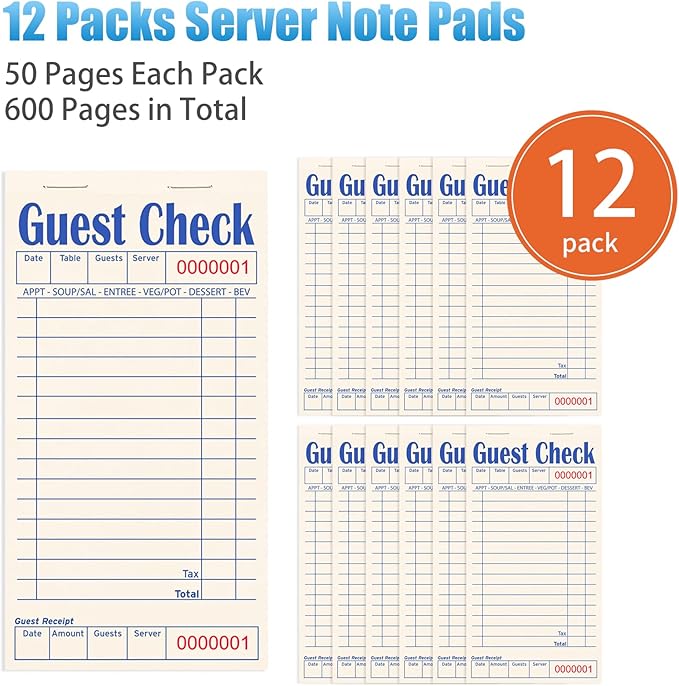 Guest Checks Books for Servers, Server Note Pads, 12 Pack, Natural Color Paper, Waitress Notepad for Restaurants, Waitress Accessories, 600 Sheets, Blue