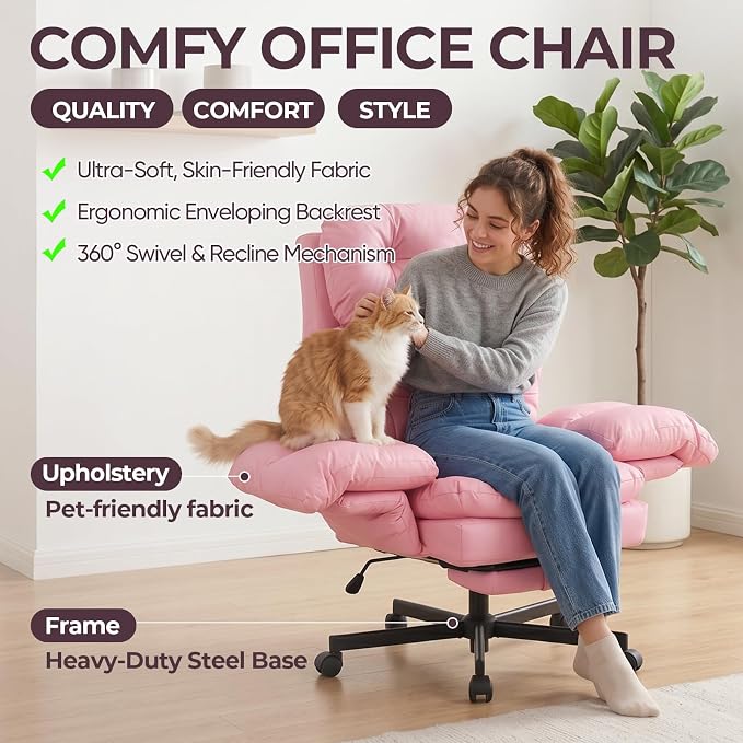 Criss Cross Office Chair with Foot Rest, Big and Tall Office Desk Chair with Flip Armrests for Pets & Cross Legged Sitting, Comfy Executive Ergonomic Reclining Computer Gaming Vanity Chair, Pink