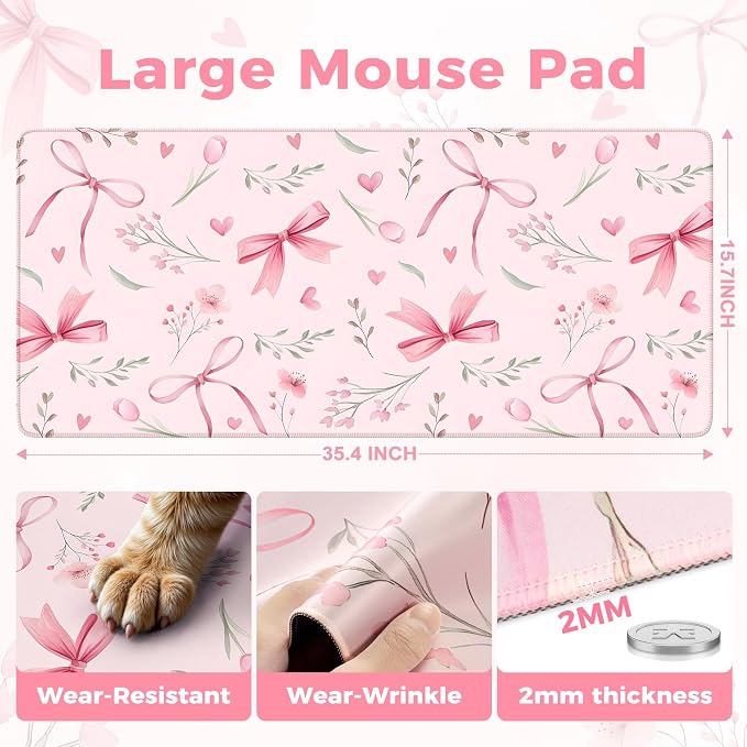 iCasso Pink Desk Mat,Cute Desk Pad for Women | Girly Bow Mousepad with Stitched Edges,Non-Slip Large Computer Mat for Study Home Office