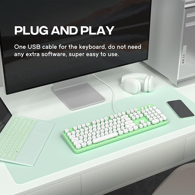 Computer Keyboard Wired, Plug and Play USB Retro Round Typewriter Keyboard, Full Size Wired Keyboard with Foldable Stands for Laptop and Office PC
