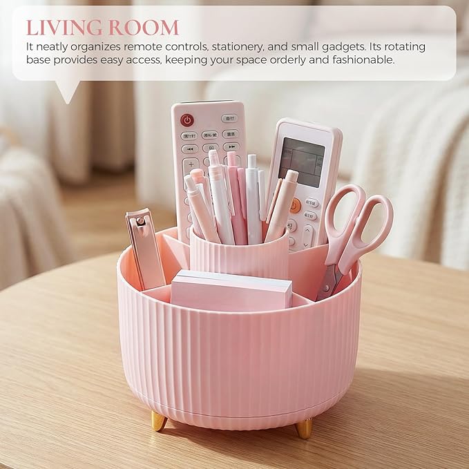 Pencil Pen Holder for Desk, 5 Slots 360 - Degree Rotating Desktop Organizer, Cute Desk Organizers and Accessories for School, Home, Office and Art Supply, Pink