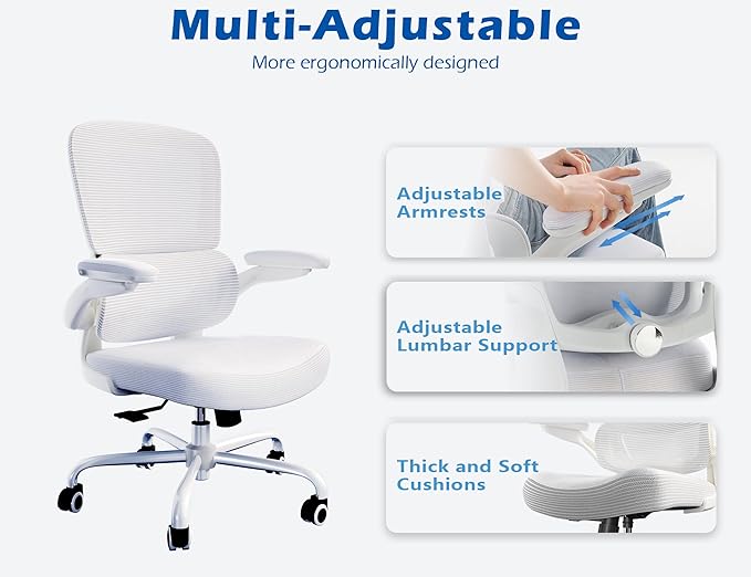 TRALT Ergonomic Office Chair Desk Chair with Adjustable Lumbar Support | Desk Chair Comfy with Flip-up Armrests Ergonomic Chair - Mesh Computer Chairs for Adults, 330lbs, PU Leather (White, 1)