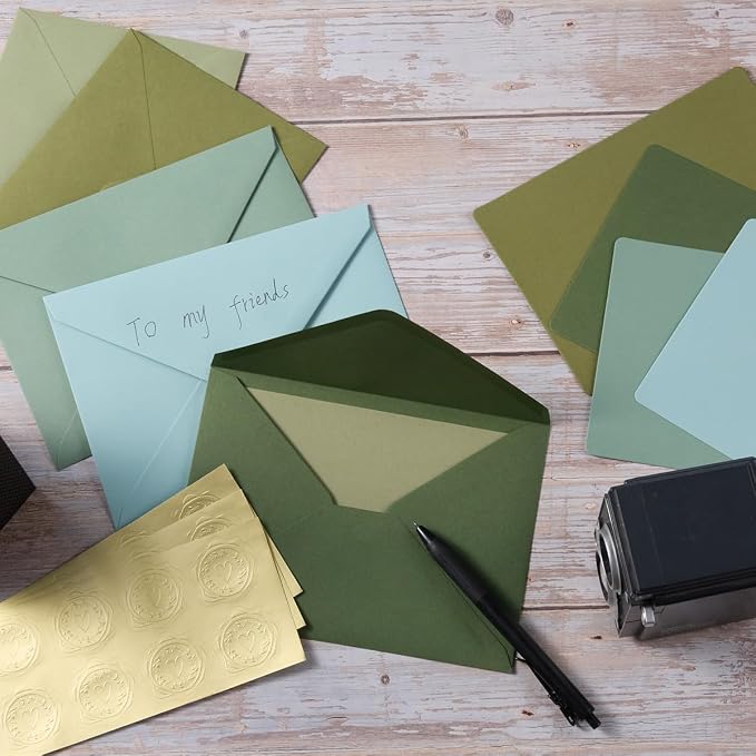 25 Pieces A7 Colored Envelopes with Cards and Stickers Set, Green 5Colors | 5x7 inches Envelopes For Weddings, Invitations, Birthday, Baby Shower