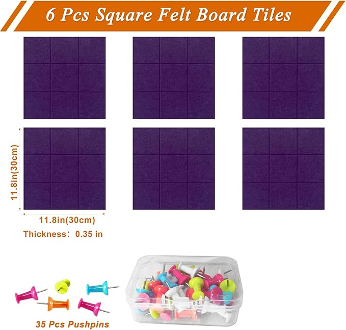 Large Square Felt Cork Board Tiles, Self Adhesive DIY Felt Bulletin Board Pin Board with 35 Pushpins for Office School Home Wall Decor Stickers Memos Photos Display (Purple)