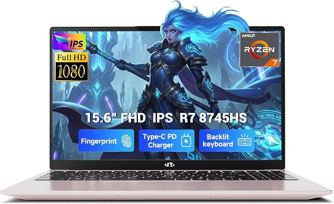NIMO 15.6" IPS FHD Light-Gaming-Laptop, AMD Ryzen 7 8745HS 16GB DDR5 RAM 1TB SSD (8C/16T, up to 4.9 GHz Beat R9 7940HS) Radeon 780M GPU 100W Type-C Backlit Keyboard Fingerprint, for Students & Gamers