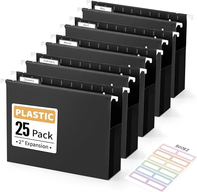 Sooez Extra Capacity Plastic Hanging File Folders, File Organizer | 25 Counts Expanding File Folders Letter Size with 2" Expansion, Adjustable Tabs for File Cabinet, Drawer, Black