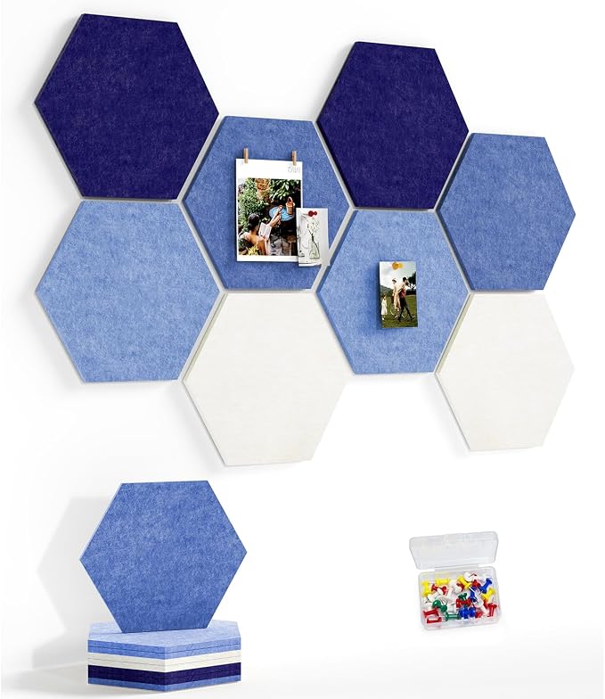 8-Pack Hexagon Felt Bulletin Board Tiles, Cork Board Alternative | For students and teachers creating vision boards in homes, offices, dorms or classrooms; includes 40 tabs and 30 push pins