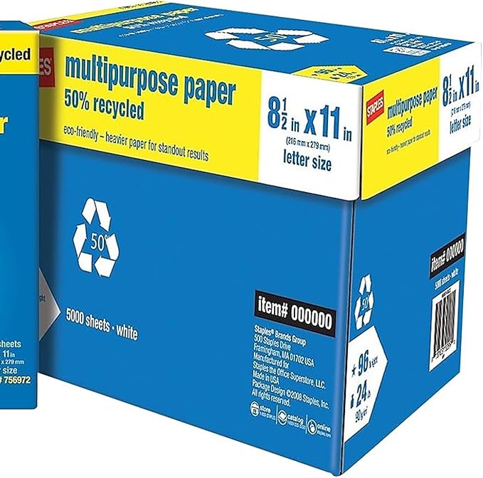 Staples 50% Recycled 8.5-Inch x 11-Inch Multipurpose Paper 24 lbs 96 Bright, 10 RM/CT, For Office, School & Home