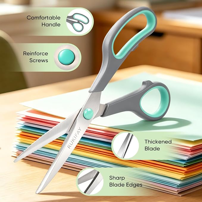 Scissors All Purpose Heavy Duty 12Pack, RUKIFAY 8"Scissor for Office School | Sharp Shears Bulk Set for Home Craft Fabric Sewing Supplies Middle Student Classroom Teacher Comfort Grip Right/Left Handed
