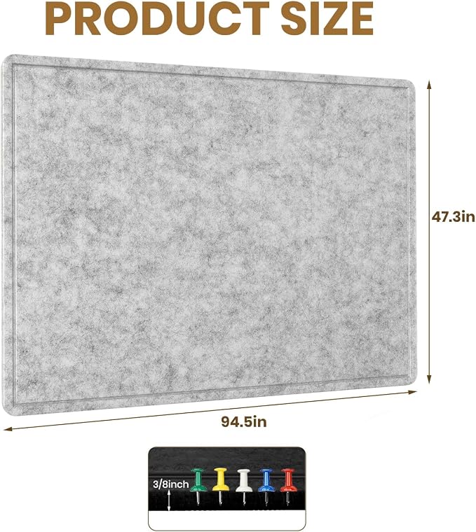 Extra Large Bulletin Board 96" x 48", Felt Pin Board, Silver Gray | Cork Board Alternative for Wall, Foldable Self-Adhesive Vision Board Prayer Board with Pushpins for Classroom, Office, Home