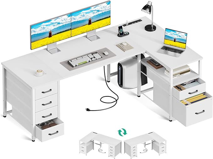 Coleshome 63 Inch L Shaped Office Desk with 6 Drawers, Power Outlet, White | 5 Fabric Drawers, File Drawer, USB and Type-C Ports, Open Storage Shelf, Reversible Layout for Home Office