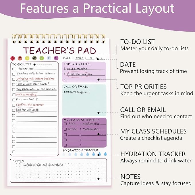 Teacher To Do List Notepad, 8.3x5.8 Inch Teacher Notepad, Spiral Checklist Notebook for Class Schedules, Daily Planner, School Tasks and Goal Setting (Purple)