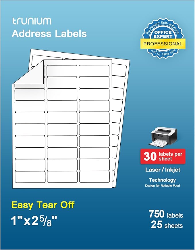 Shipping Address Labels, 1" x 2-5/8" Address Labels for Laser & Inkjet Printers, Mailing Labels, Strong Adhesive for FBA Label, Easy to Peel (25 Sheets, 750 Labels)