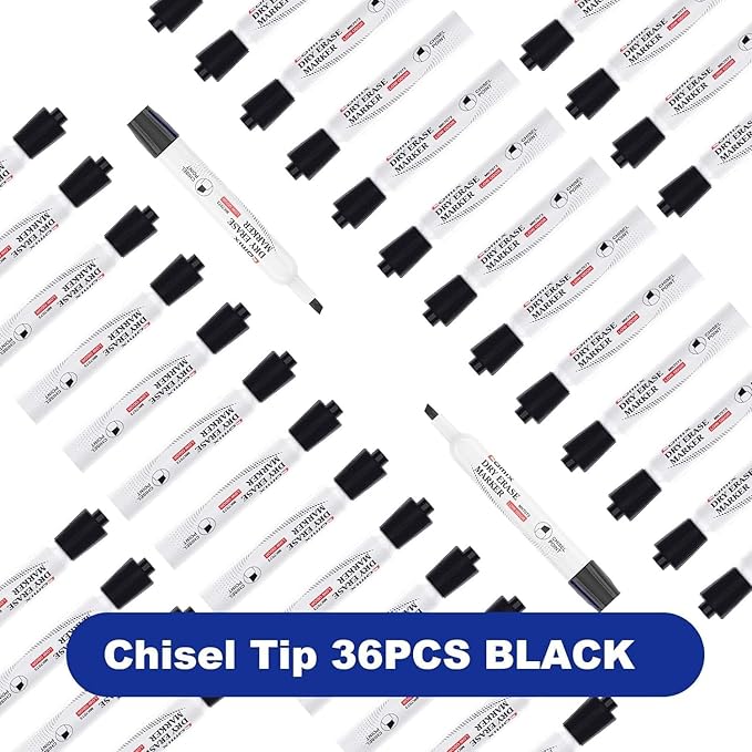 Comix Dry Erase Markers Black, Chisel Tip Whiteboard Markers, 36 Bulk Low Odor Markers for Classroom, Teachers, Office, School Supplies, Black Color