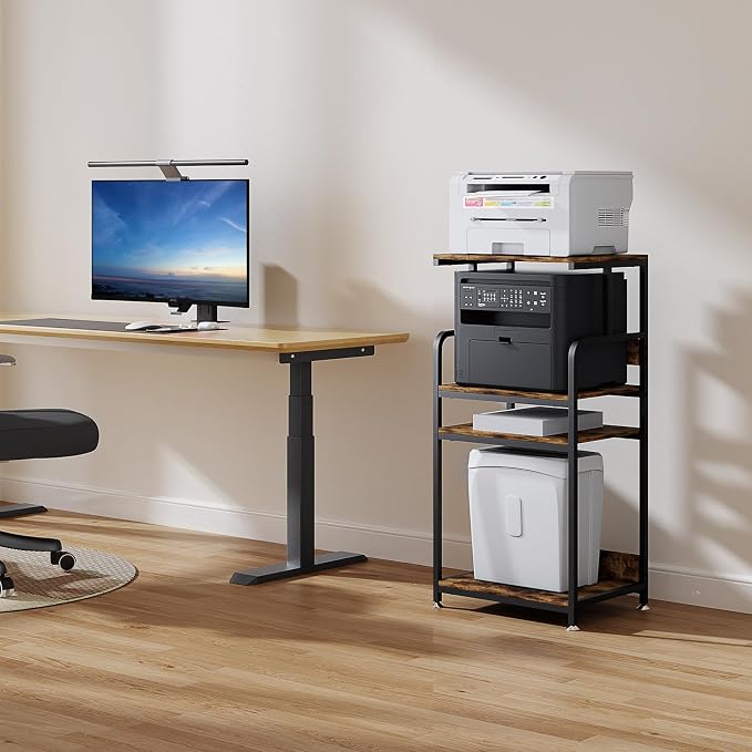 Extra Large Printer Stand with Wheels, 4-Tier Tall Printer Table, Printer and Shredder Stand with Storage Shelf for Home Office (Rustic Brown)