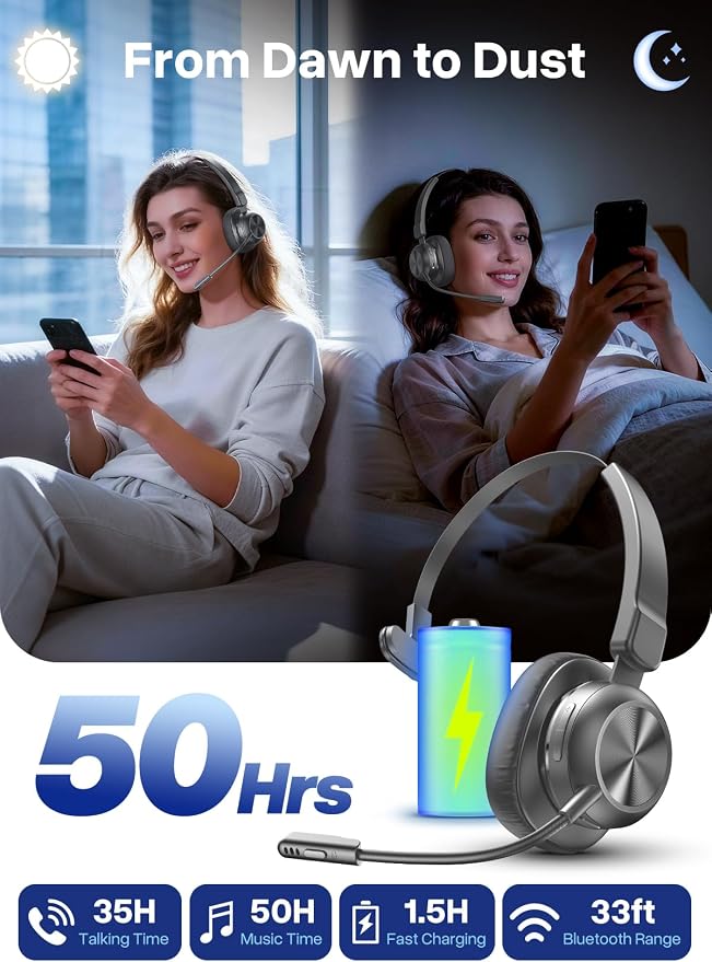 Trucker Bluetooth Headset, Wireless Headset with Microphone | USB Dongle, On Ear Bluetooth Headphones with AI Noise Cancelling 50H Playback Mute Button for Truck Driver Office Work, Ash