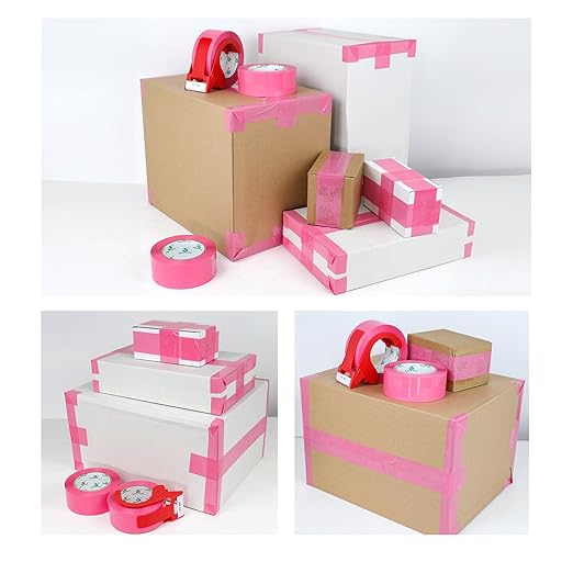 BOMEI PACK Pink Packing Tape with Dispenser, 2.4 Mil 1.88 Inch x 110 Yards, 3 Refills Rolls Color Box Tape for Moving, Shipping and Packaging