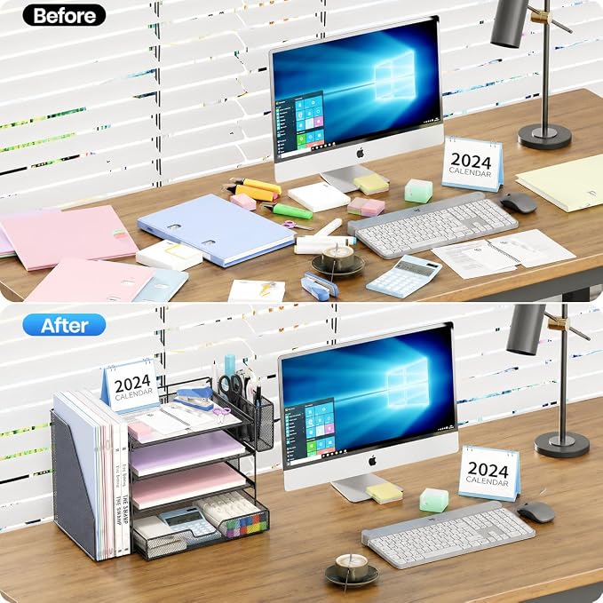 Desk Organizers and Accessories, 4-Tier Desktop File Organizer with Drawer and Pen Holders, Office Desk Accessories Workspace Organizers for Office Supplies (Soft Black)