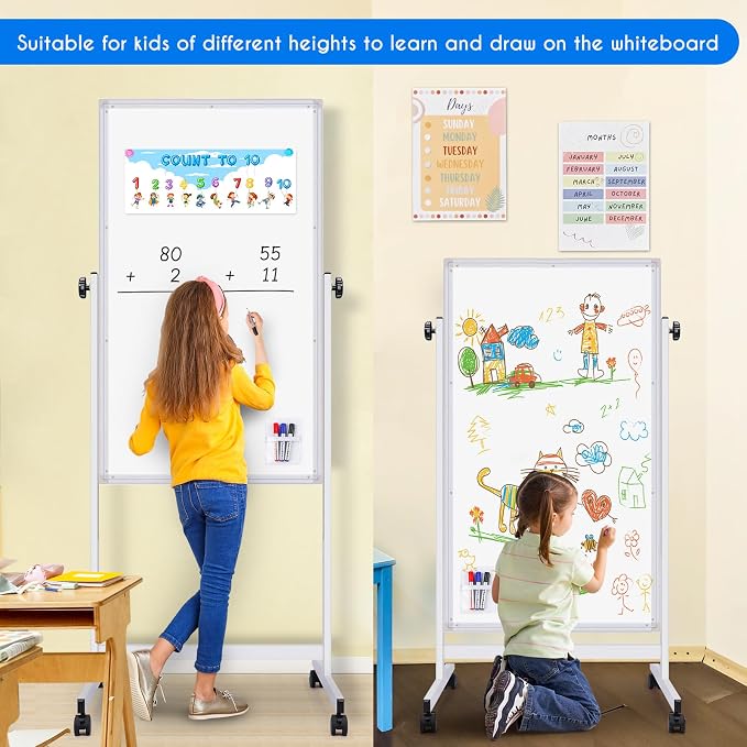 Maxtek Rolling White Board 48 x 24in,Height Adjustable Whiteboard on Wheels | Mobile Easel Large Magnetic Portable Double-Sided Dry Erase Board with Stand for Classroom, Home, School, Office and Teachers