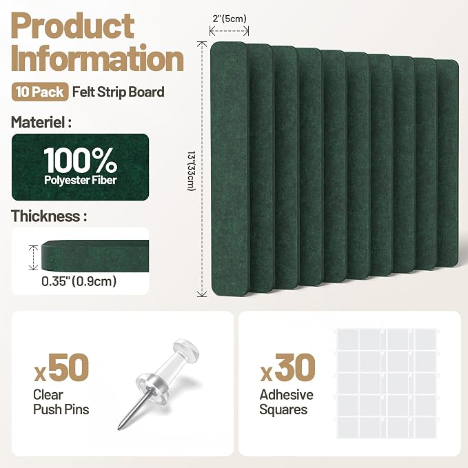 10 Pack 13"x2" Cork Board Strip with Removable Adhesive Squares & Push Pins | Pin Board Alternative Felt Strip Bulletin Board, Felt Board for Photo & Note Display, Home Office Decor - Pine Green