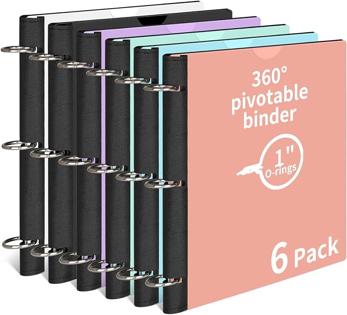LETVPVOW 6 Pcs 360° Pivotable 3 Ring Binder, Soft 1 inch Binders 3 Ring, Flexible Thin Soft Three Ring Binder Fits 8.5" x 11", for Home, School and Office-Black, White, Blue, Green, Pink, Purple