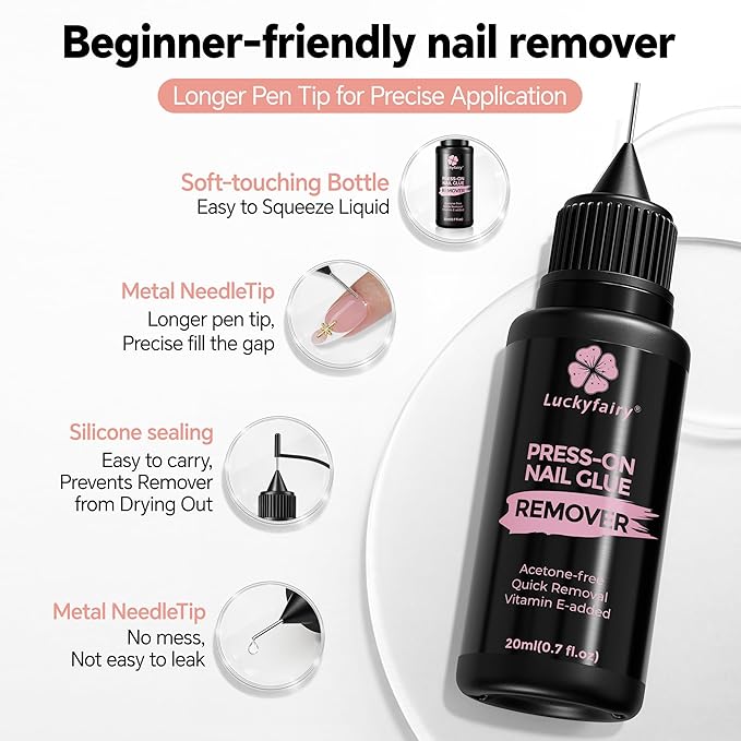 Pinpoint Press On Nail Remover: 2PCS 20ml Non-Acetone Nail Glue Remover with Cuticle Pusher, Multi-Functional Remover for Nails Tips, Gentle Nail Polish Remover with Upgraded Quick Easy Removal