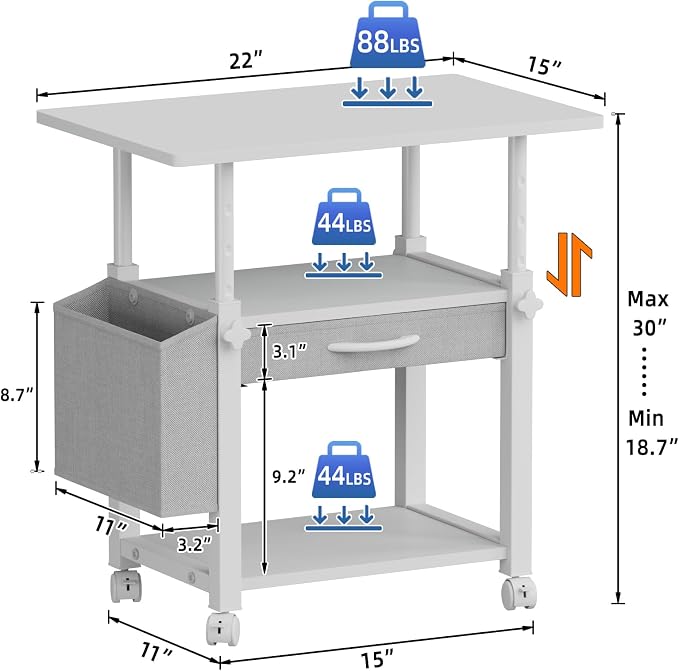 YAOHUOO 22"x15" Large Printer Stand with Drawer, 3-Tier Rolling Table Cart | Storage Drawer and Side Bag,Height Adjustable Cart,Fit printer/fax/3d/scanner,4 lock wheels or feet,White
