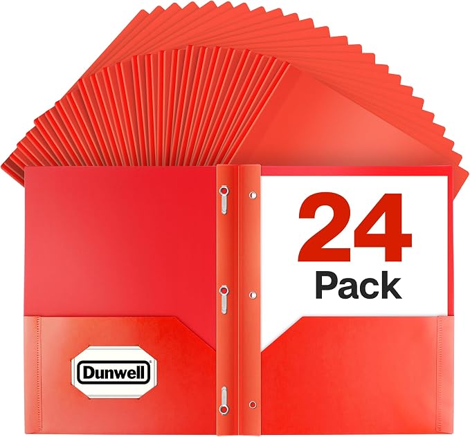 Dunwell Plastic 2-Pocket Folders with 3 Prongs, (24 Pack, Red), Durable Acid-Free Poly is Cleanable, Tear Resistant, 3-Clasp Document Holder, Labels Included