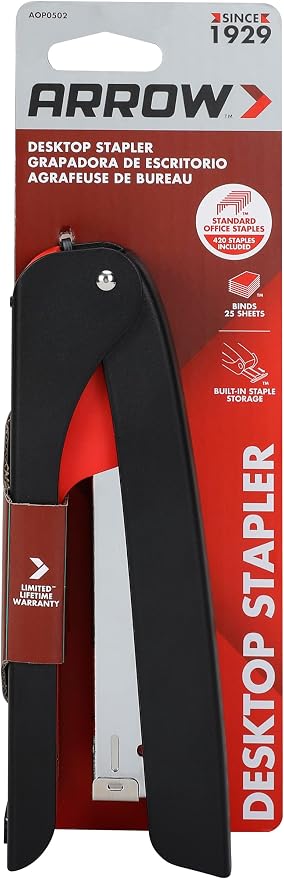 Arrow Desk Stapler with Staples, 25-Sheets Capacity Office Stapler with Anti-Slip Base, Built-in Staple Storage, Full Strip, for Office Home School Use