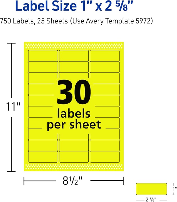Avery Printable Address Labels with Sure Feed, 1" x 2-5/8", Neon Yellow, Laser & Inkjet Compatible, 750 Blank Labels Total, Great for Branding, Mailing, Organizing, and More (5972)