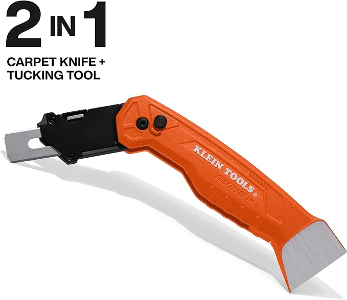 Klein Tools 44310 FLICKBLADE Carpet Blade Folding Utility Knife, Two Locking Positions at 135-Degree and 180-Degree, Integrated Tucking Tool, Tool-Free Blade Change, Durable Aluminum Body