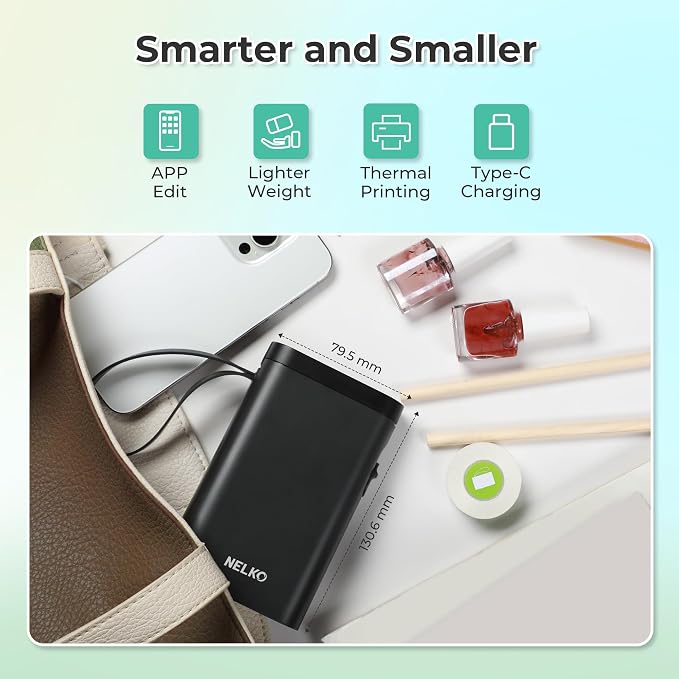 Nelko Label Maker Machine with Tape, P21 Label Printer with 3 Tapes, Black | Creative App & Multiple Templates, Inkless Printing, Built-in Cutter, Ideal for School, Teacher Supplies, Office, and Home